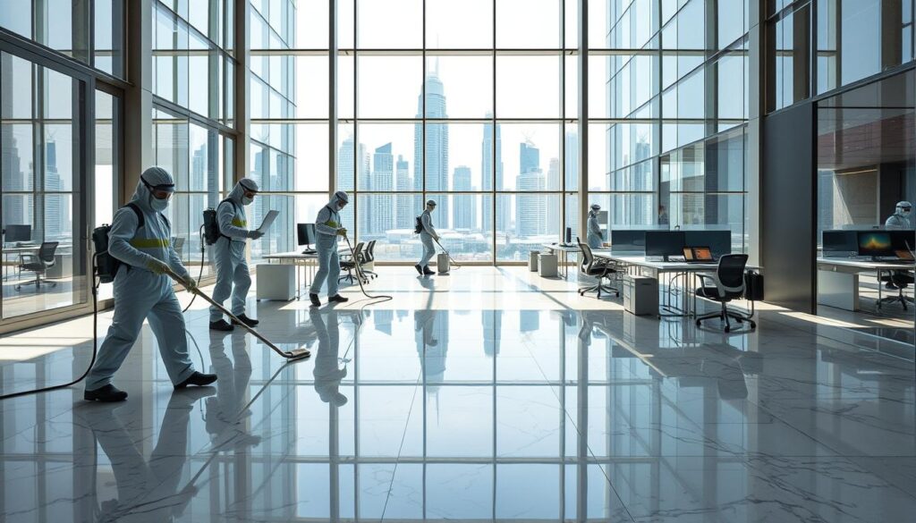 A high-tech office space in Dubai, flooded with natural light. In the foreground, a team of NPSM Specialized Cleaning professionals expertly wield state-of-the-art disinfection equipment, meticulously scrubbing and sanitizing every surface. The middle ground showcases gleaming marble floors, spotless windows, and pristine workstations. In the background, the iconic skyline of Dubai's financial district looms, a testament to the city's commitment to corporate excellence. The scene conveys a sense of order, efficiency, and attention to detail - the hallmarks of a thorough, professional deep clean in Dubai's thriving business environment.