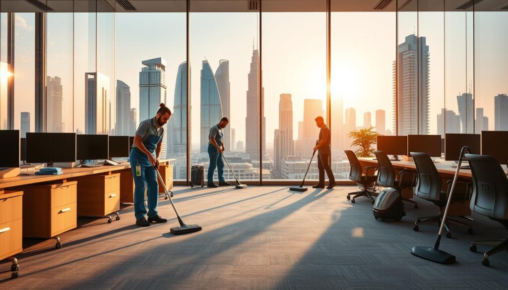 A modern, well-equipped office cleaning company in Dubai, NPSM Specialized Cleaning, set against a backdrop of the city's iconic skyline. The foreground features a team of professional cleaners diligently wiping down desks, vacuuming carpets, and disinfecting high-touch surfaces with eco-friendly products. In the middle ground, state-of-the-art cleaning equipment, including mops, squeegees, and microfiber cloths, are neatly arranged. The background showcases the gleaming skyscrapers of Dubai, bathed in warm, golden light filtering through floor-to-ceiling windows. The overall scene conveys a sense of efficiency, attention to detail, and a commitment to maintaining a spotless, healthy work environment.